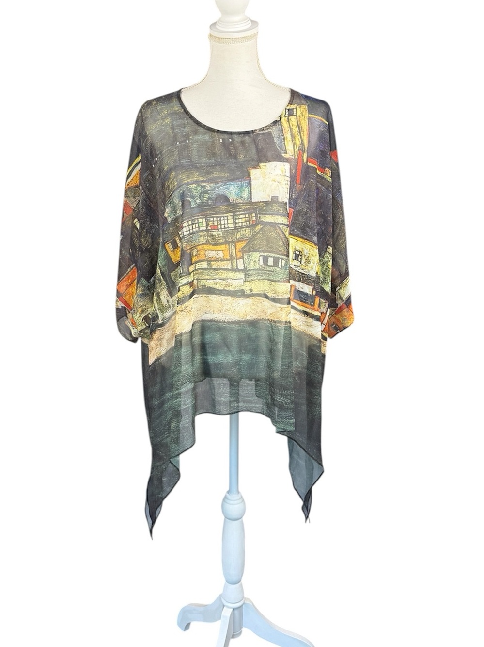Jade Abstract Cityscape Print Tunic Top Dolman Sleeve Size L/XL